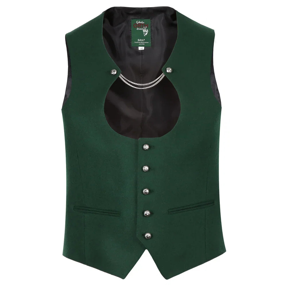 Edle grüne Herren Trachtenweste mit Ketterl traditionell als Kombination mit weißem Trachtenhemd und Lederhose