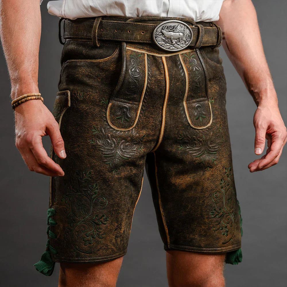 Moderne braune Lederhose für Herren mit feinen Stickereien