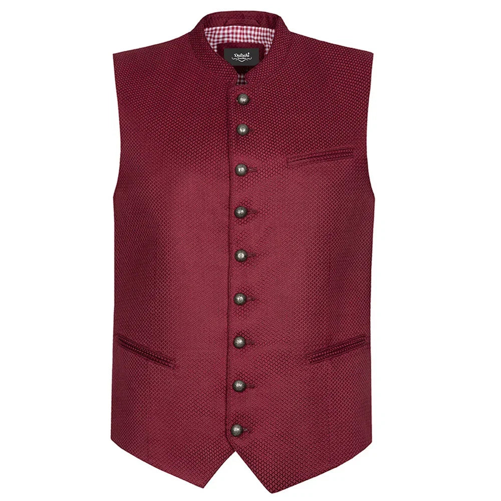 Elegante hochgeschlossene rote Herren Trachtenweste im Outlet kaufen mit Knöpfen für die Wiesn