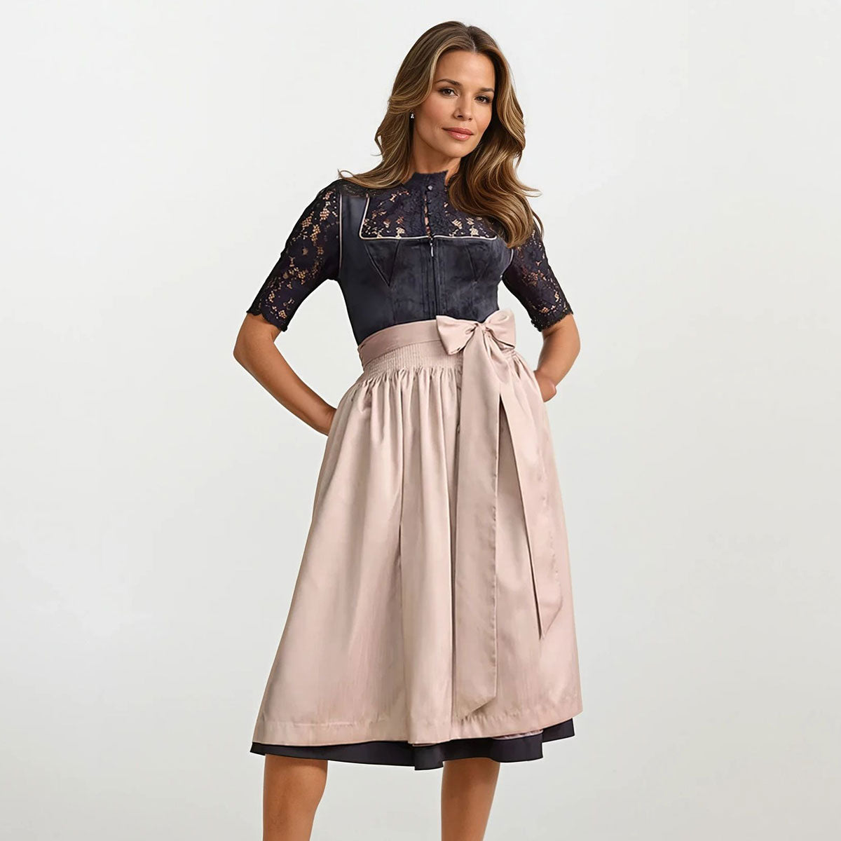 Krüger Dirndl Größe 52 in Schwarz-Beige mit Samtmieder und Schürze für Trachtenhochzeit und Feste