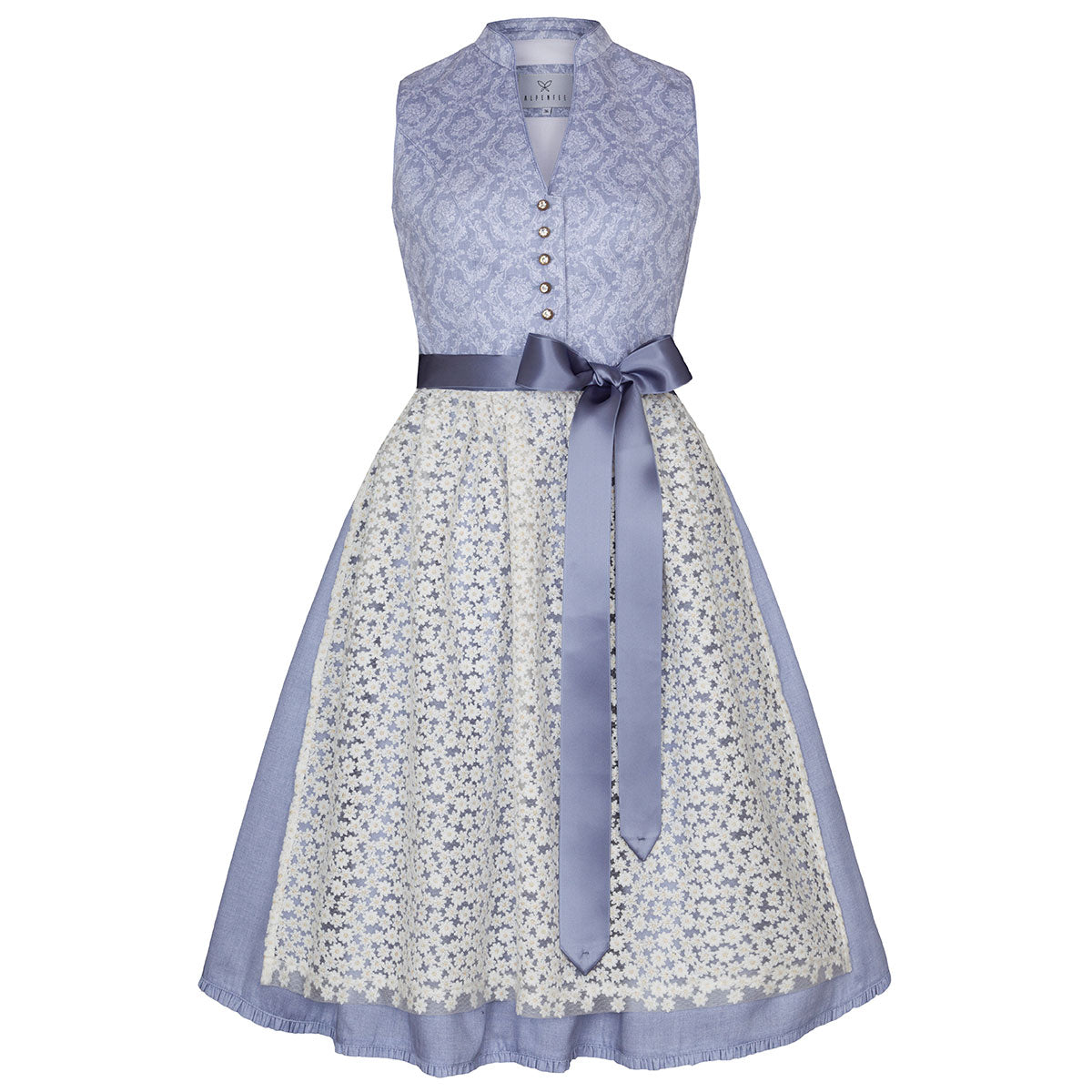 Alpenfee Dirndl Lara Hellblau 60cm Hochgeschlossen Blumenmuster - Datschi Trachten