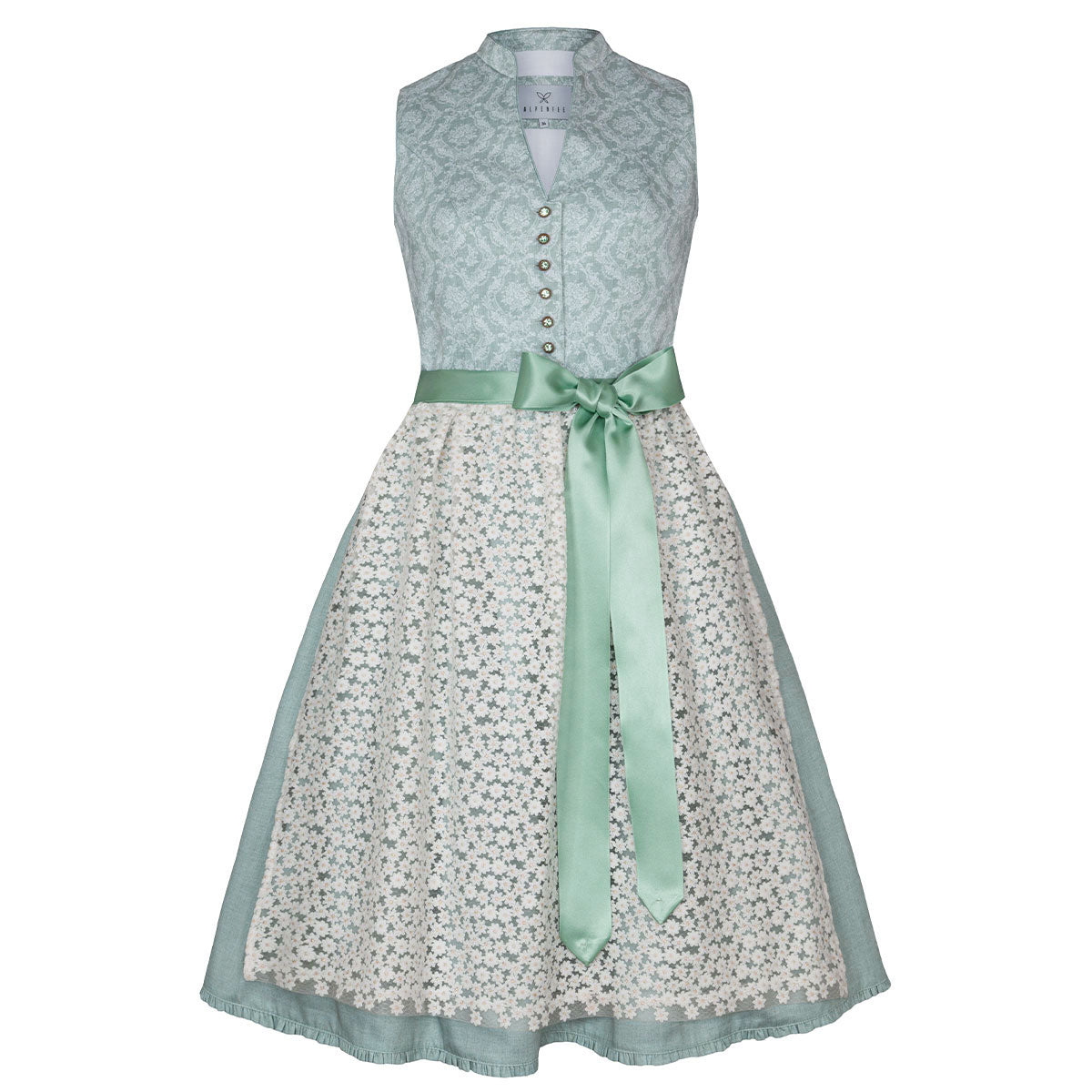 Alpenfee Dirndl Lara Mint Grün 60cm Hochgeschlossen Blumenmuster - Datschi Trachten