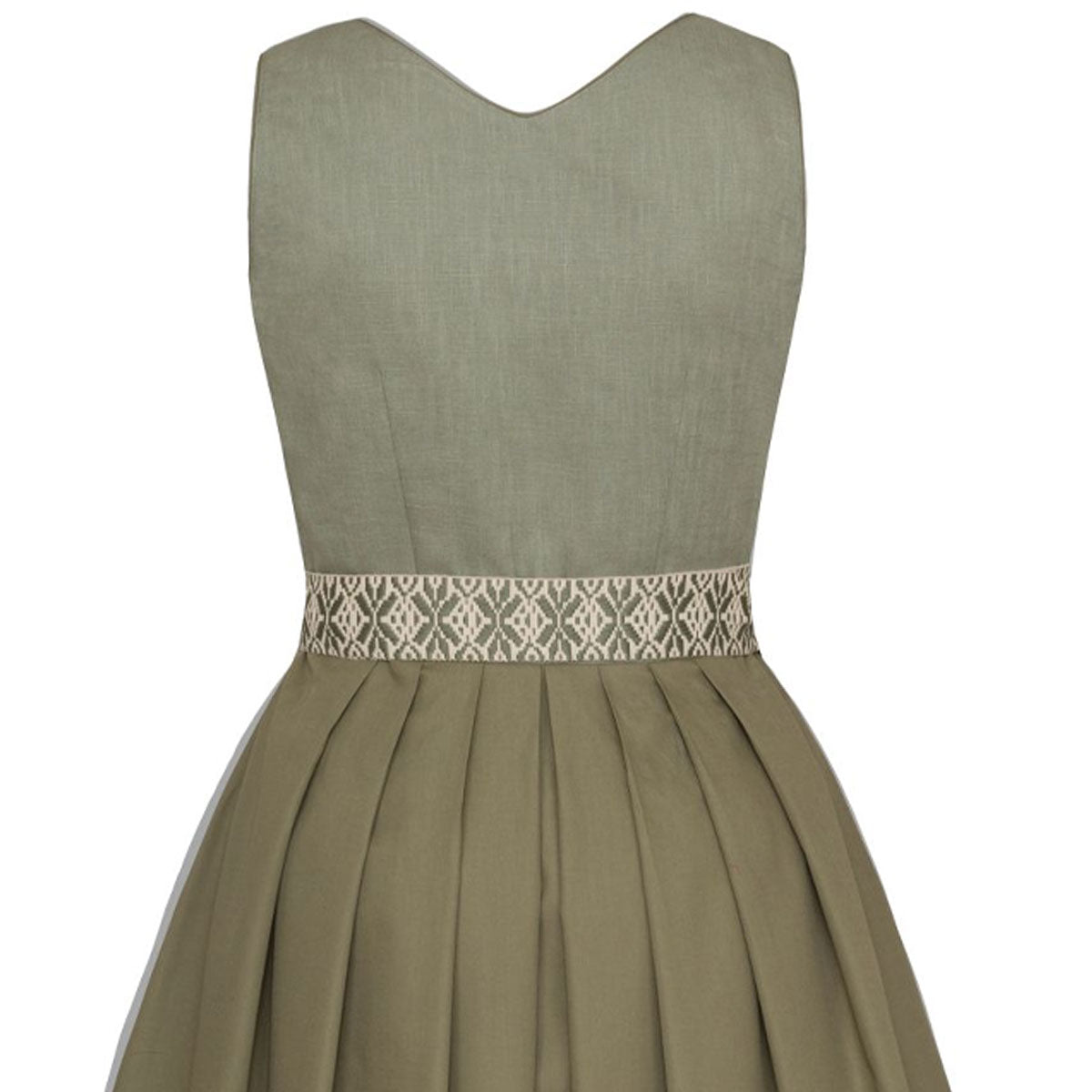 Alpenfee Dirndl Lilli in Mint und Salbei aus Baumwolle, Rückenansicht mit Mieder, 70 cm Länge