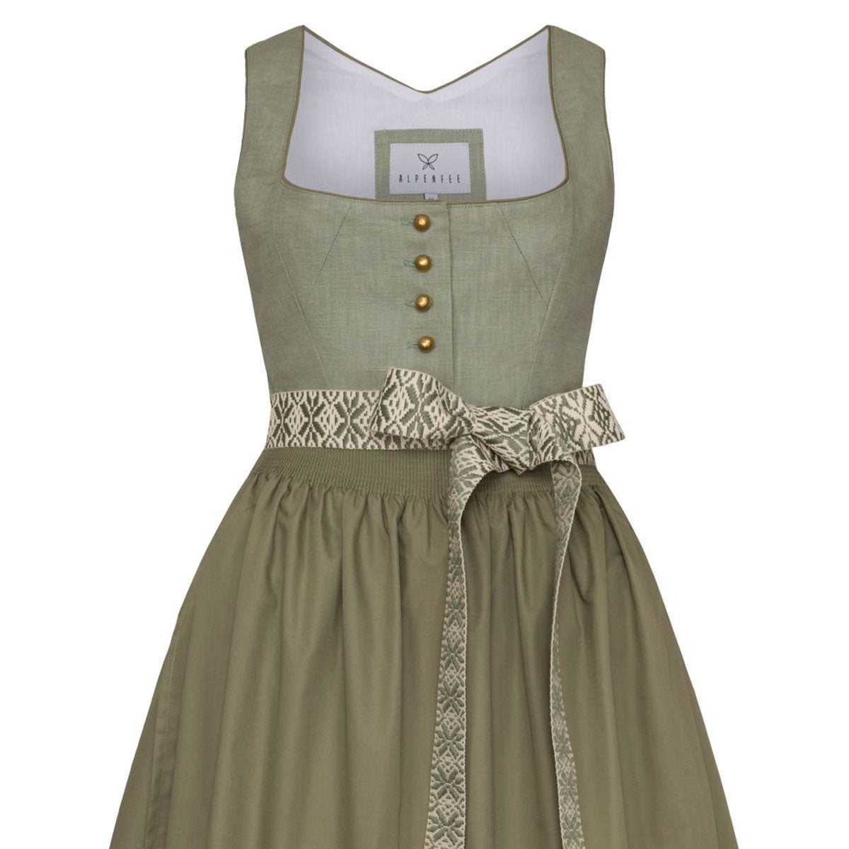 Alpenfee Dirndl Lilli in Mint und Salbei, Baumwolle, 70 cm, mit dekorativem Mieder und traditionellem Design.