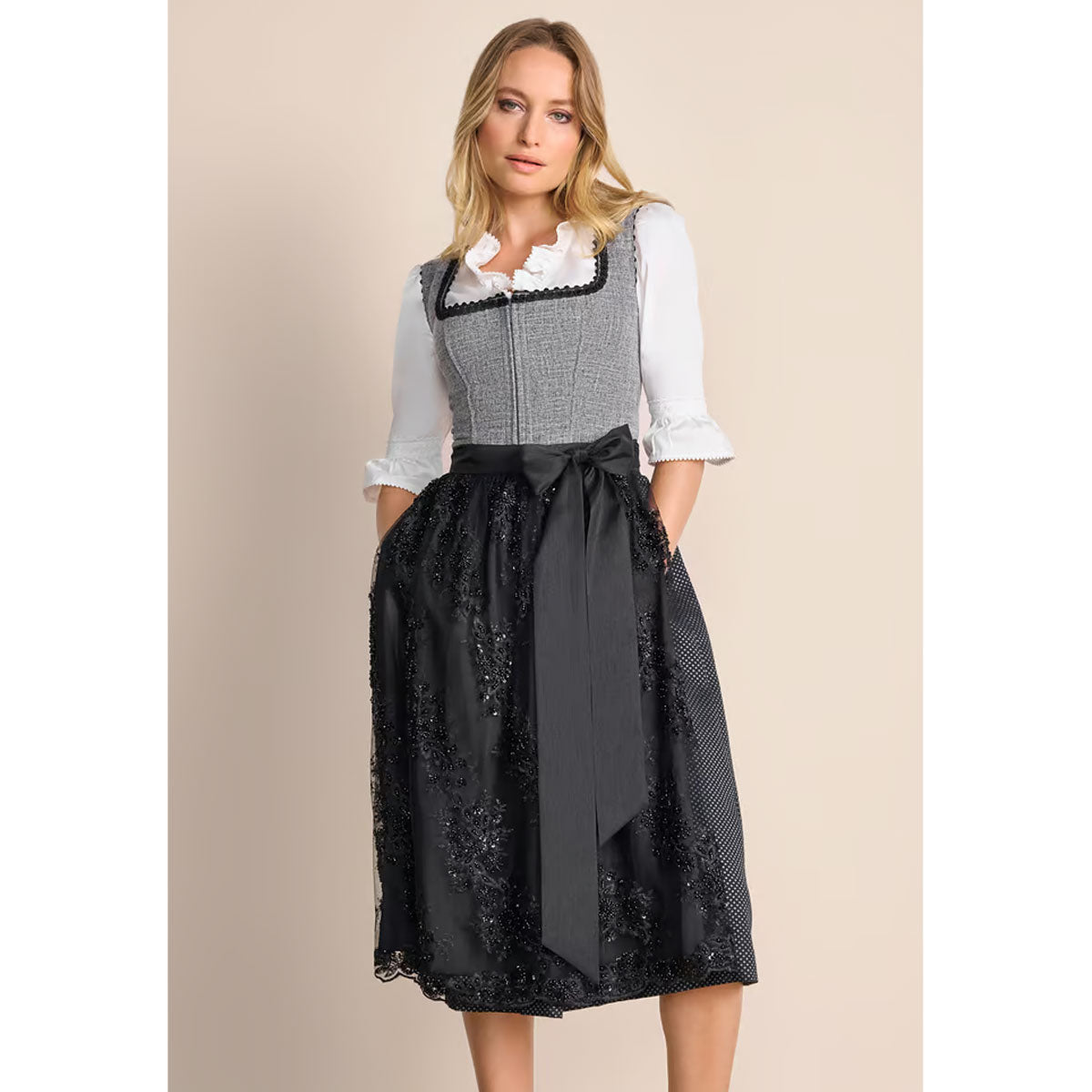 Krüger Dirndl Ashly Schwarz Grau Modern 70cm mit Reißverschluss und Schleife Farbe: Schwarz, Grau