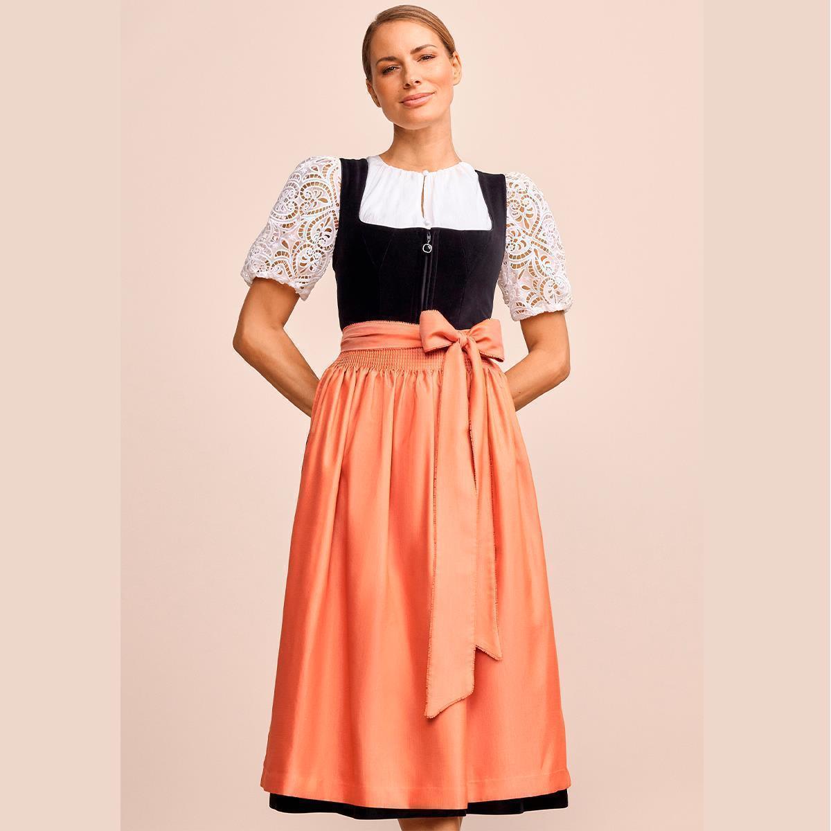 Krüger Dirndl Jacinta Schwarz Orange Blumenrock 80cm - Datschi Trachten
