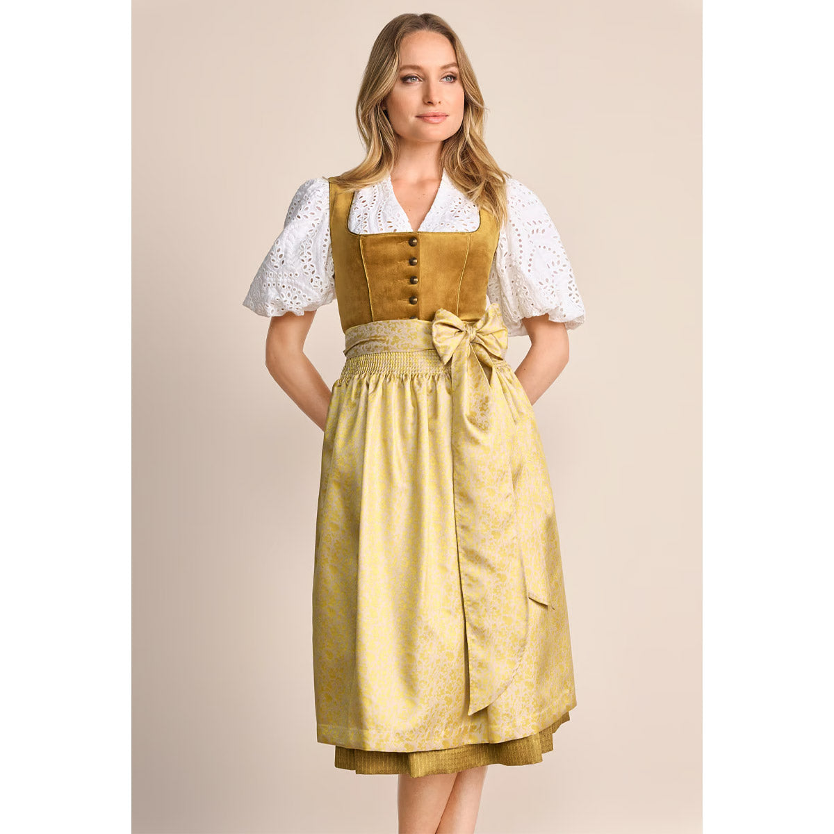Krüger Dirndl Tuana Gold Samt 70cm mit Knöpfe und Schleife Farbe: Gelb, Gold