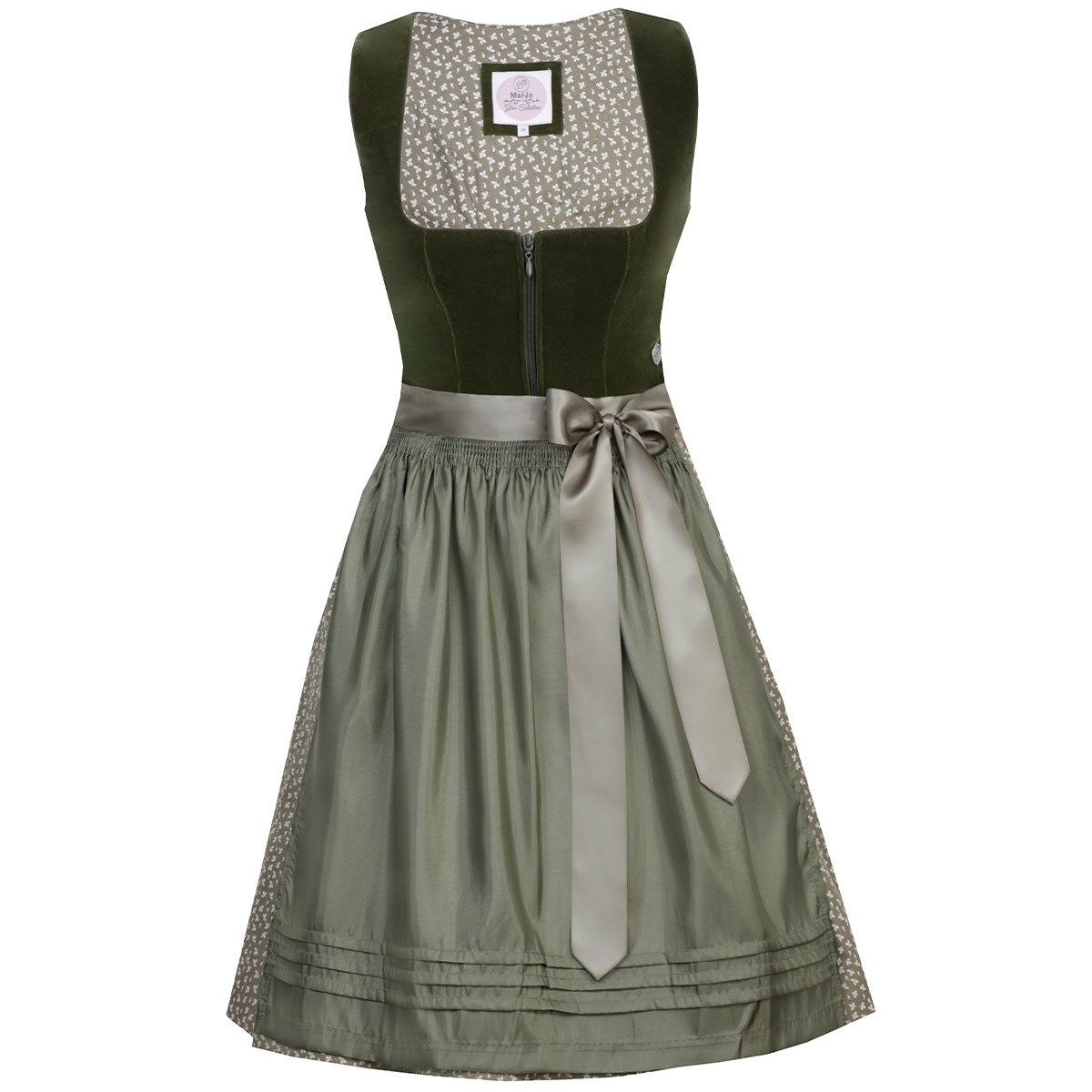 MarJo Dirndl Clara Dunkelgrün/Moos Samt 65cm mit Reißverschluss und Schleife Farbe: Grün, Khaki, Waldgrün, Tannengrün