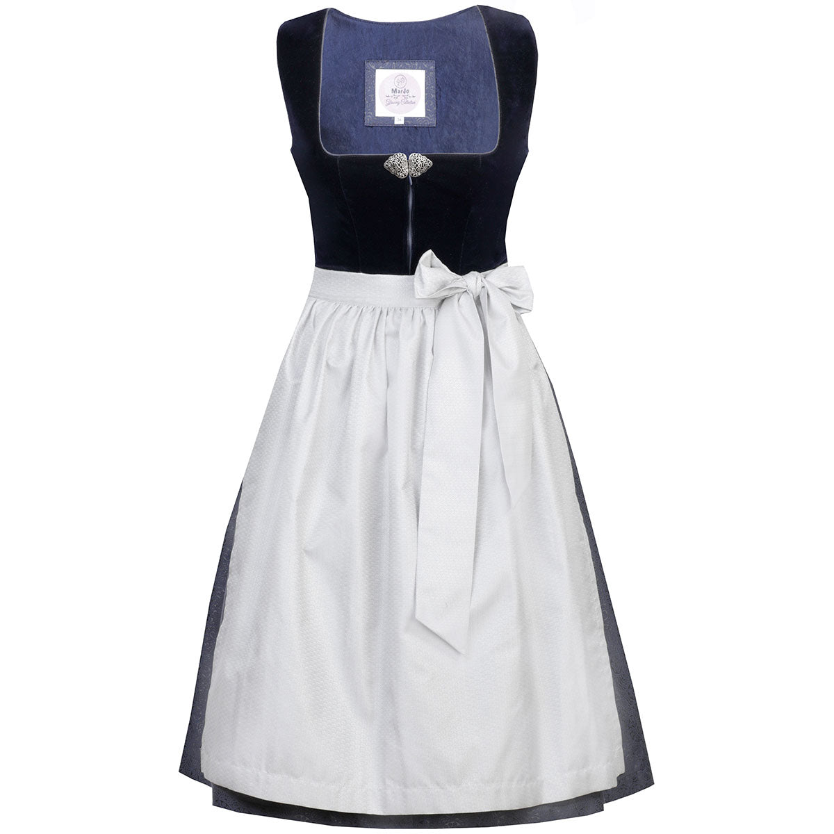 MarJo Dirndl Heidi-Dunkelblau/Silber Samt 75cm mit Reißverschluss und Schleife Farbe: Blau, Dunkelblau, Grau, Silber