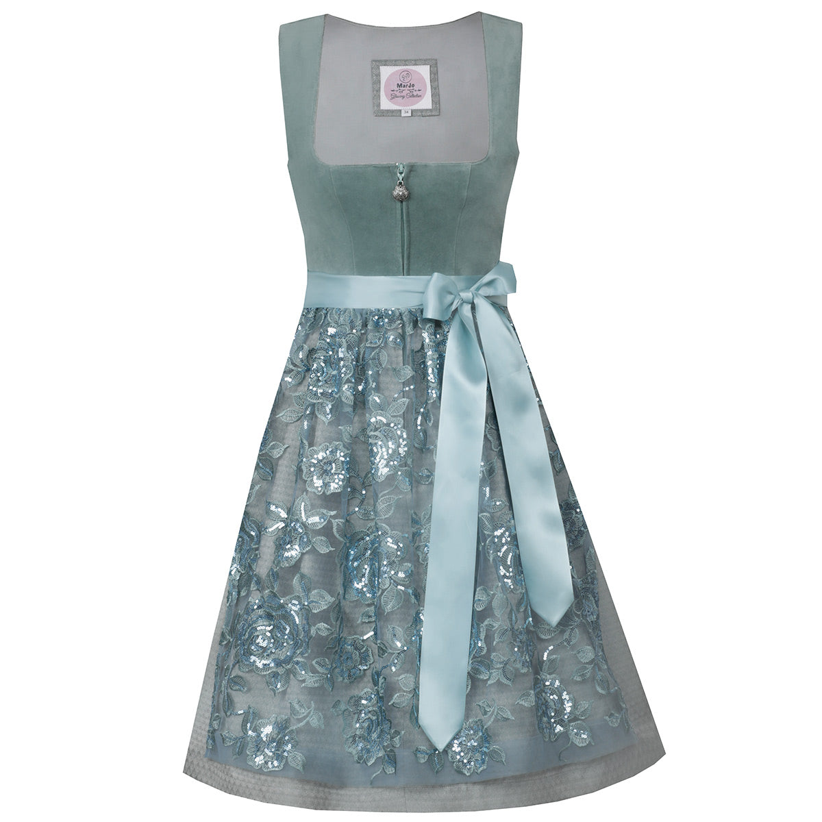 MarJo Dirndl Veitsbronn Jade/Smaragdgrün Floral 65cm mit Reißverschluss und Schleife Farbe: Blau, Hellblau, Mintgrün, Salbei, Mint, Minze, Türkis