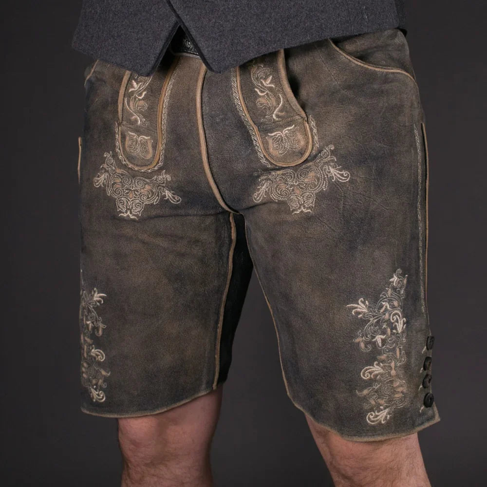 Sorgfältig verarbeitete Herren Lederhose aus weichem Wildbockleder mit traditionellen Stickereien