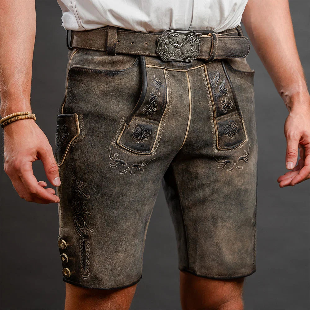 Hochwertige Herren Trachtenhose aus echtem Leder mit feinen Stickereien