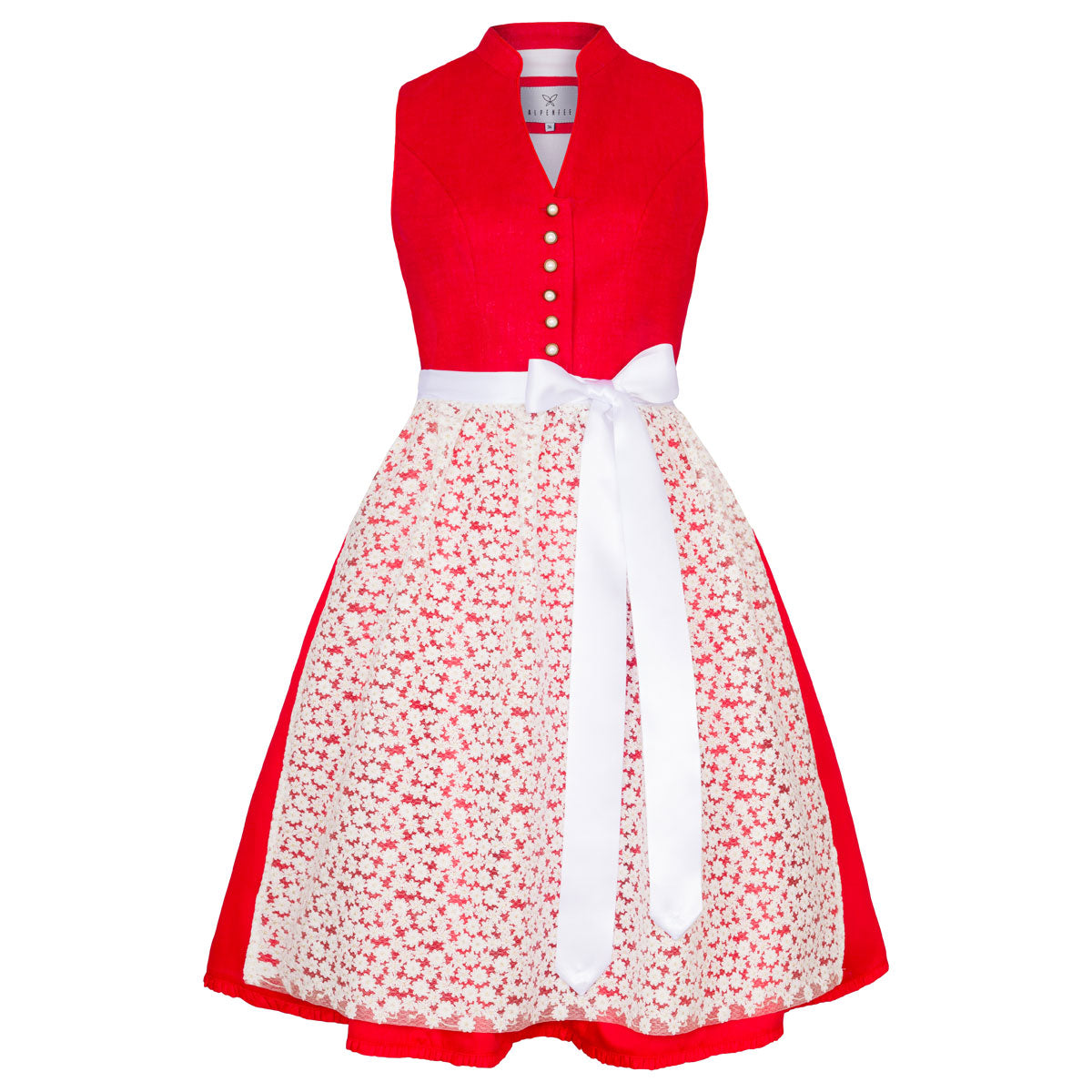 Alpenfee Dirndl Outlet: reduziertes Alpenfee Dirndl Xara in Rot, hochgeschlossen mit Blumenschürze, 60 cm Rocklänge