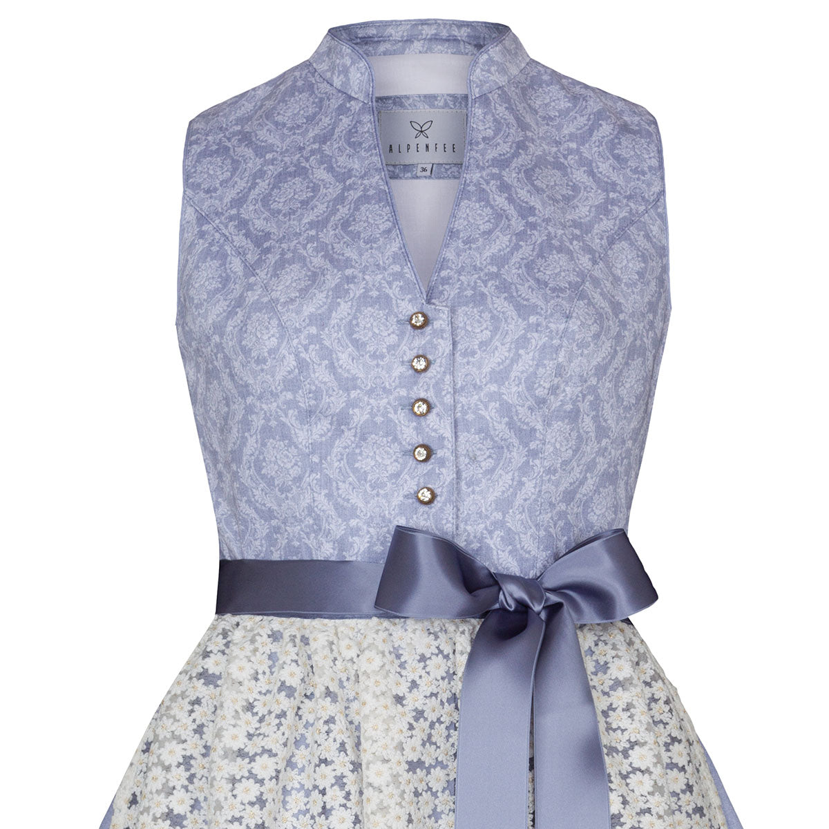 Alpenfee Dirndl Lara Hellblau 60cm Hochgeschlossen Blumenmuster - Datschi Trachten