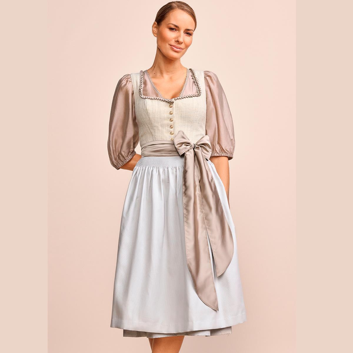 Krüger Dirndl Annemarie Beige Blau Herzaussschnitt 70cm - Datschi Trachten