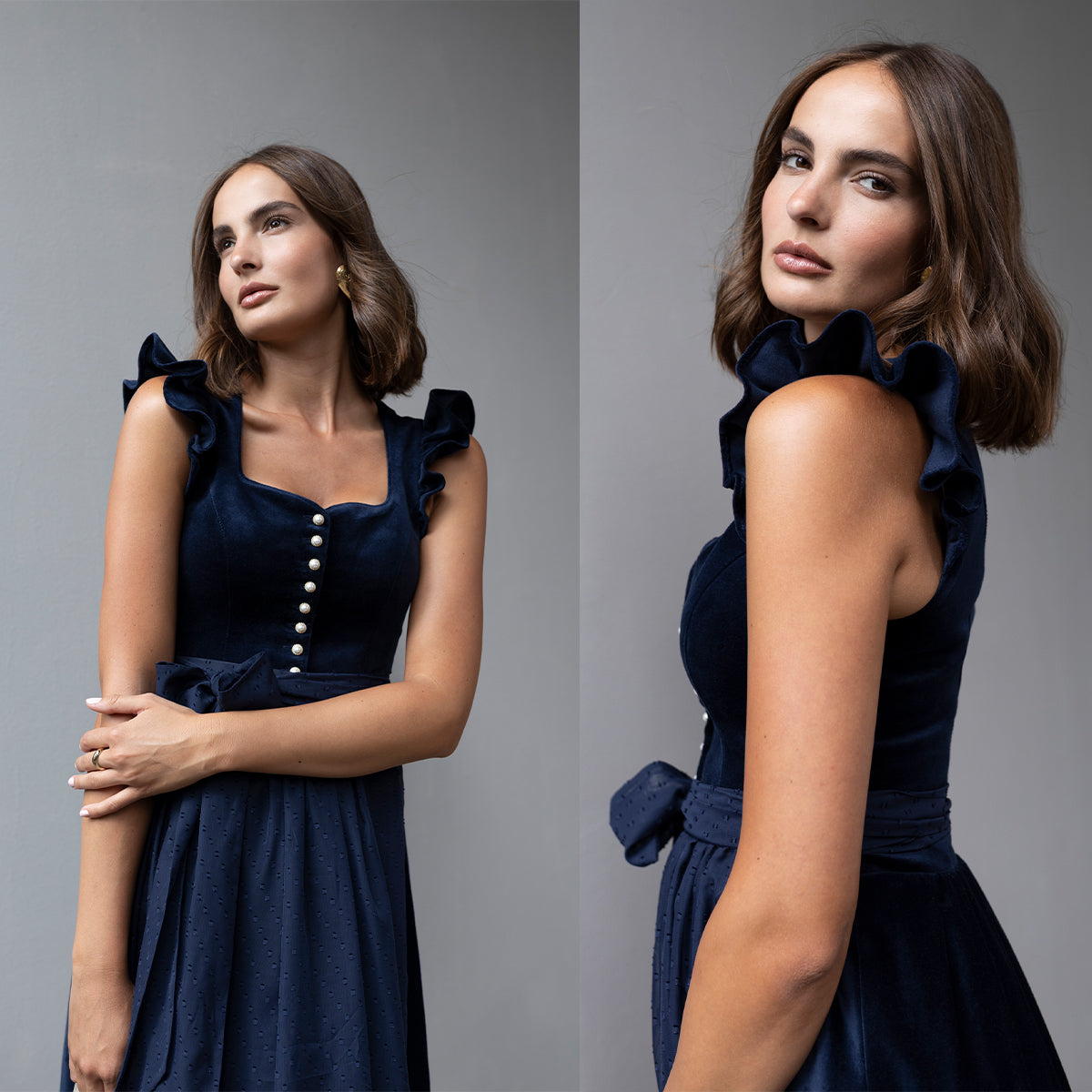 Dunkelblaues Madame Marie Dirndl Soralyn mit Flügelärmeln, 75 cm, aus Samt, elegante Trachtenkleidung für Damen