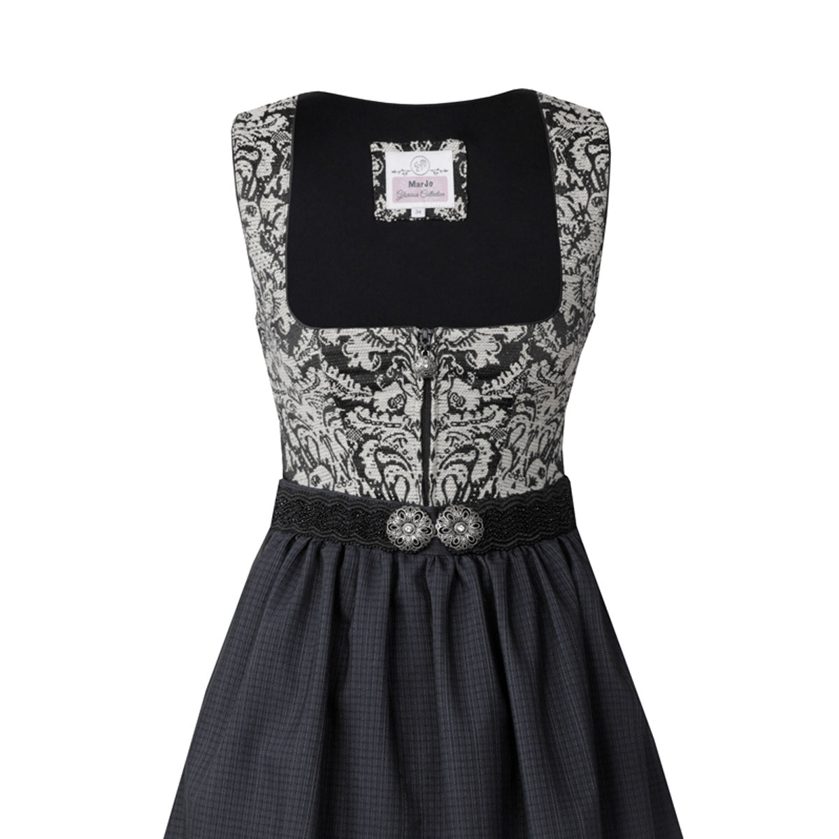 MarJo Dirndl Schöfweg Schwarz Florales Muster 65cm Mieder Muster: Blumen,  Ornamente Rock Muster: Blumen,  Einfarbig,  Ornamente Schürzen Muster: Einfarbig,  Gestreift Ausschnitt: Gerader Ausschnitt,  Balkonett Ausschnitt